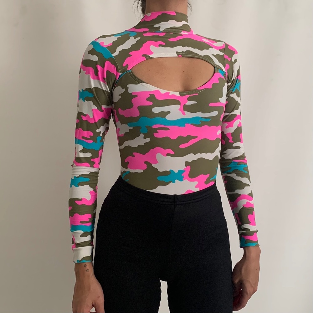 Colorful Camo Mockneck Cutout Long Sleeve Thong Bodysuit